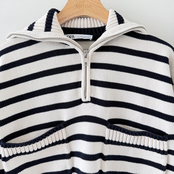 ZARA Striped Half Zip Knit Sweater Cropped Cotton Pullover Size S - Picture 5 of 11